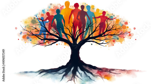 Abstract Tree Formed by Diverse Human Figures as Its Branches and Roots