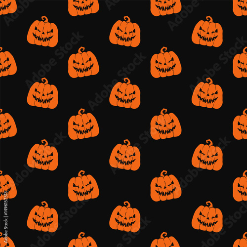 Small orange halloween pumpkins isolated on black background. Cute seamless pattern. Vector simple flat graphic illustration. Texture.