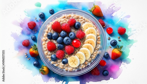 Wallpaper Mural invent the ultimate futuristic realm for birds eye view overnight oats a vibrant bowl of oatmeal topped with colorful berries surrounded by watercolor splashes perfect for a healthy breakfast idea Torontodigital.ca