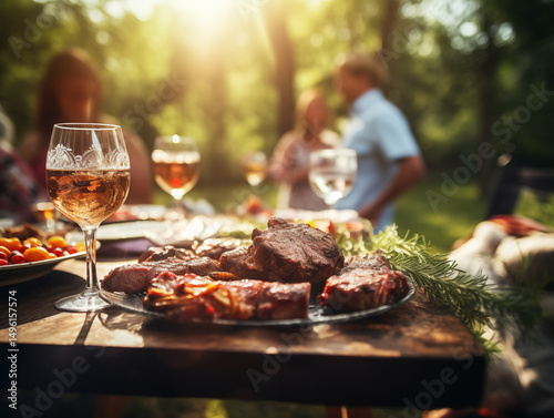 Summer barbecue party with grilled meat and wine outdoors