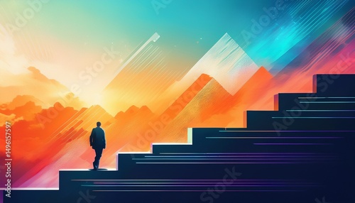 tech stock capital scaling copy space radiant palette double exposure silhouette with ascending staircase and tech layers