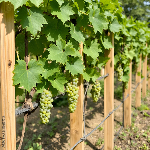 young Grape vines on a wooden trellis structure in garden