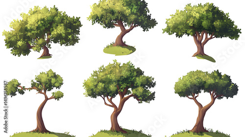 A serene collection of illustrated trees standing tall against a void whispering tales of on transparent background