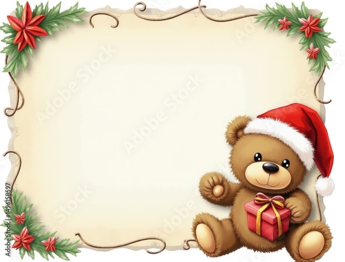 Cozy Teddy Bear Wearing Santa Hat Holding a Candy Cane - Christmas Card