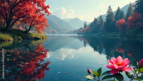 Intricate floral pattern reflected on calm lake surface, shadow, picture