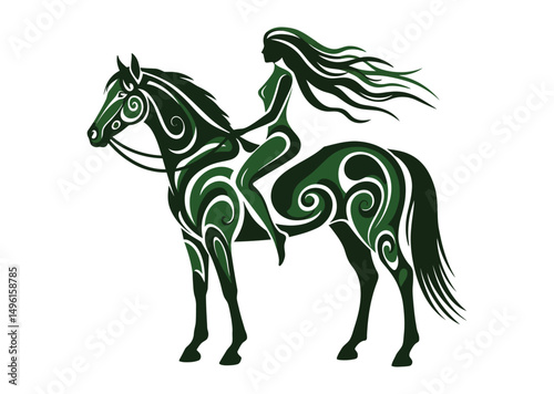 Elegant horse and woman silhouette artwork isolated on white background