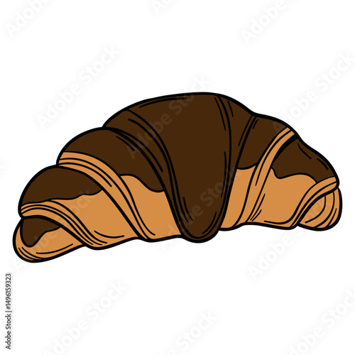 Fresh bakery croissant. Sweet morning french cuisine breakfast. Baked Croissant bakery menu with chocolate. Fresh dessert and chocolate sauce. Appetizing and delicious outline art