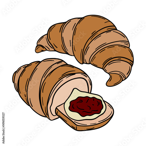Fresh bakery croissant with berries flavor taste jam and butter. Sweet morning french cuisine breakfast. Appetizing and delicious outline art