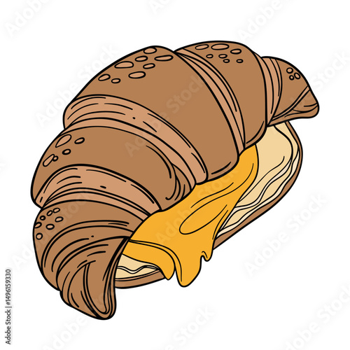 Fresh bakery croissant with cheese flavor taste and butter. Sweet morning french cuisine breakfast. Appetizing and delicious outline art