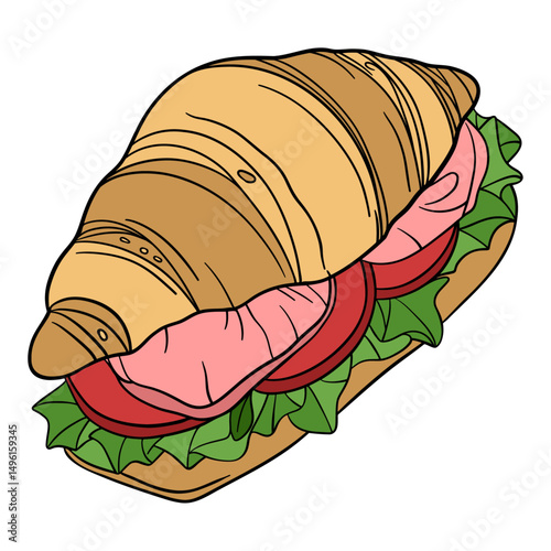 Fresh bakery croissant with salty flavor taste lettuce, tomato, meat or salmon, cheese. Sweet morning french cuisine breakfast. Appetizing and delicious outline art