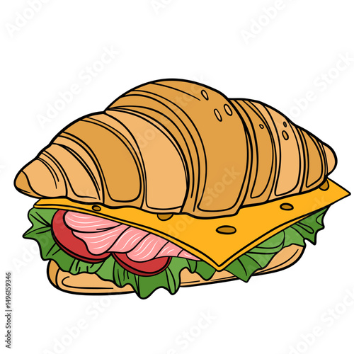 Fresh bakery croissant with salty flavor taste lettuce, tomato, meat or salmon, cheese. Sweet morning french cuisine breakfast. Appetizing and delicious outline art
