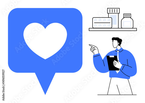 Heart icon represents care and wellness. Pharmacist gestures towards medication bottles on shelf while holding clipboard. Ideal for healthcare, medicine, pharmacist, caregiving, digital health