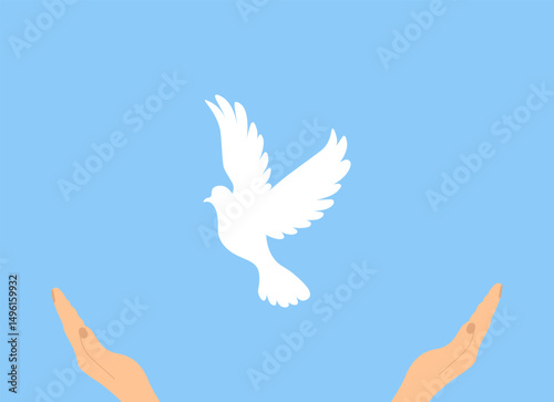 Two hands reaching up to a white dove, a manifestation of the Holy Spirit on a blue background. Concept of hope, a sign of freedom and independence