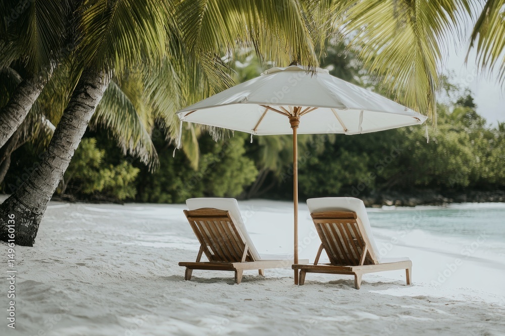 Fototapeta premium Sun loungers positioned under a palm umbrella on a peaceful beach surrounded by a tropical atmosphere