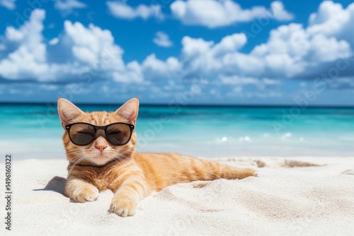The scene depicts a cat relaxing on a sunny beach, accessorized with sunglasses, and set against the backdrop of a clear blue ocean