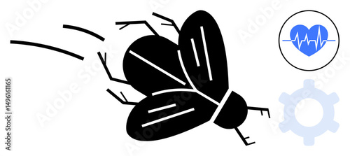 Black fly in motion, health monitor icon, and gear symbolizing innovation, biology, mechanics, health. Ideal for science, technology engineering healthcare entomology research biotech. Simple