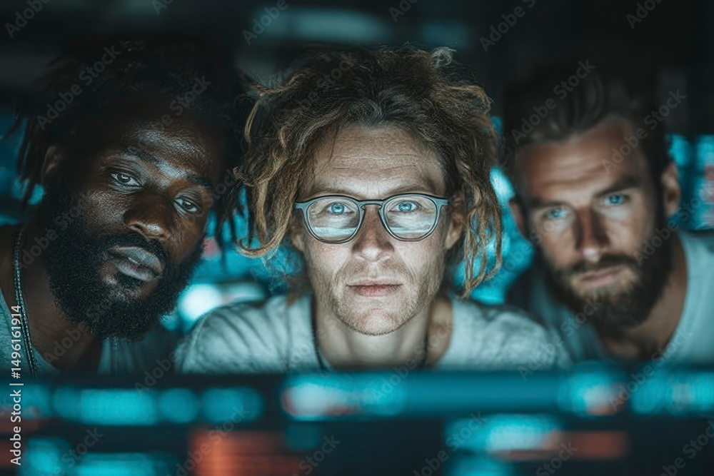 Obraz premium Three individuals focused on a computer screen illuminated by blue light showcasing teamwork