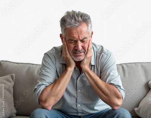 senior man sitting on the sofa with jaw pain. Isolated on white background. Generate AI