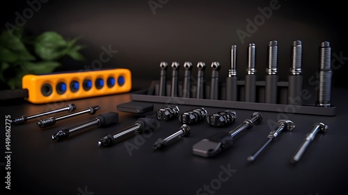 A collection of precision tools arranged neatly on a dark surface with a vibrant background