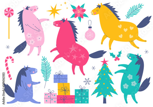 Cute Christmas horsemagic character set, collection. 2026 New year. Chineese new year horse
