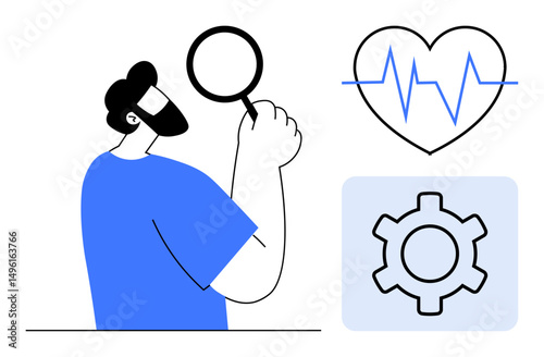 Person holding magnifying glass, heart rate monitor and gear icon representing analysis, health, and innovation. Ideal for healthcare, diagnostics, technology, research, problem-solving