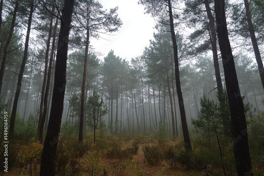Obraz premium Misty Forest Path with Tall Pine Trees