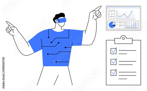 Man wearing a VR headset pointing at digital charts and a checklist. Ideal for technology, VR, innovation, productivity, business strategy, data visualization, simple landing page