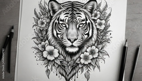 tiger head on a black hand drawn 
