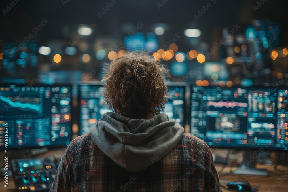 Fototapeta premium Person in a tech environment surrounded by multiple monitors displaying data and graphs weari