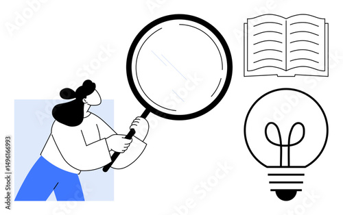 Woman examining with a magnifying glass, alongside a light bulb and an open book. Ideal for research, discovery, creativity, learning, innovation, problem-solving brainstorming. Flat simple metaphor