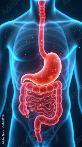 Human — Focused View of Stomach Inside Clear Torso with Semi-Transparent Anatomy