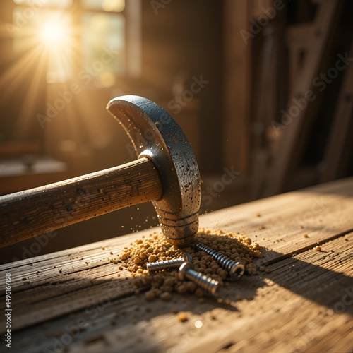 Hammer and screw on wood under the morning sunlight s light and shadow The idea of woodcraft or carpentry. with copy space image. Place for adding text or design