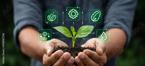 Closeup of hands holding plant seedling semitransparent overlay of layered agritech icons leaf water drop gear precision agriculture sustainability concept