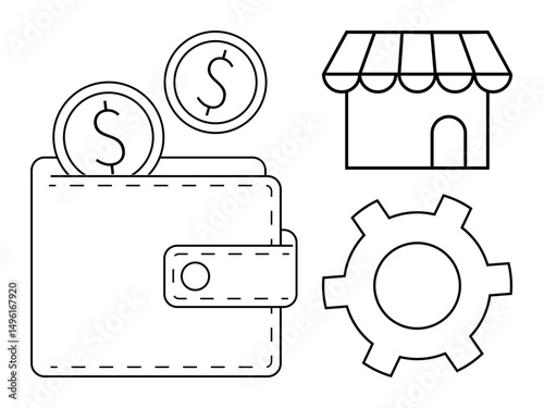 Wallet with coins, a storefront, and a gear icon represent financial management, small business, online shopping, e-commerce settings, operational efficiency, and simple landing page