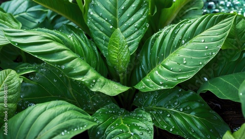 Green plant Canna leaves water beads with empty copy space for text