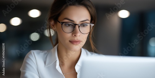Young woman with glasses and white shirt working on a laptop in a dimly lit modern office environment, focused expression