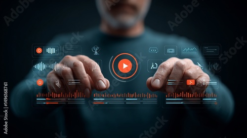 Closeup of hands adjusting camera lens semitransparent overlay of layered media tech icons play button waveform edit scissors video production content creation concept