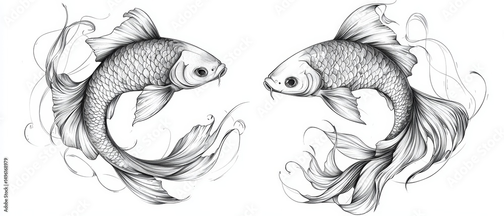 Fototapeta premium Stylized Black and White Illustration of Two Intricate Fish Designs