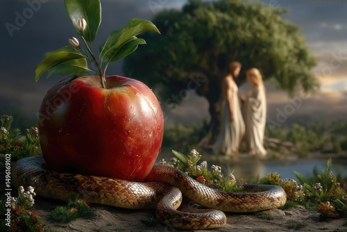Eden departure: Adam mistake, Eve transgression, serpent deception, sacred fruit, moral awakening, divine punishment, spiritual exile, paradise loss, Genesis lesson, scripture symbol, biblical truth