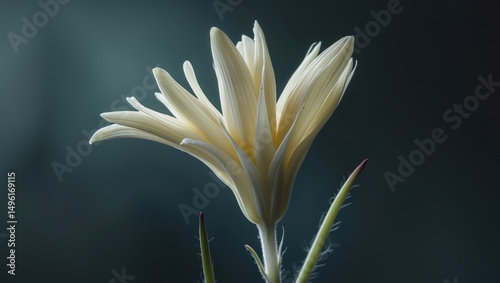 Creamy-white lady finger flower bloom on stem, showcasing delicate and intricate details. The image highlights the flower's unique shape and texture. photo