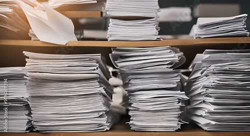High Stacks of White Paper Documents on Wooden Shelf