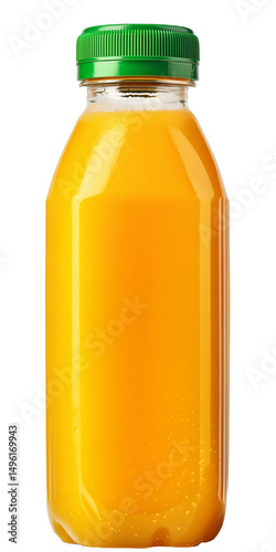 fresh orange juice in plastic bottle with green screw cap on transparent background