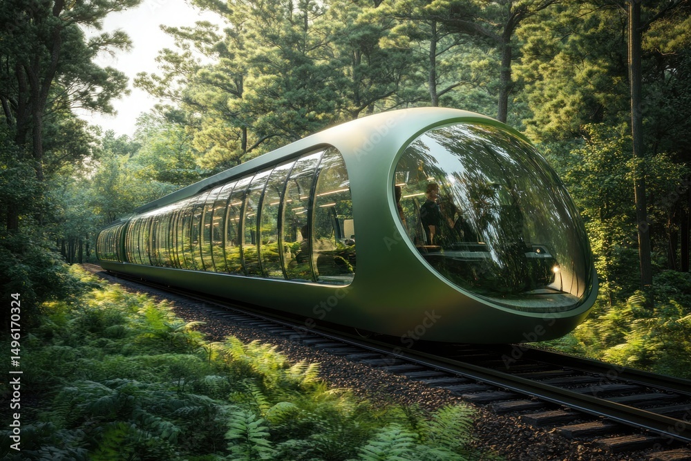 Naklejka premium Futuristic Eco-Friendly Train Journey Through Lush Forest