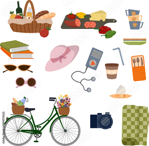 Set of illustrations with picnic items. Basket with food, cups and plates. Books and player, sunhat and sunglasses. Baguette, bread, cheese and sausage. Fresh vegetables. Bicycle with basket of