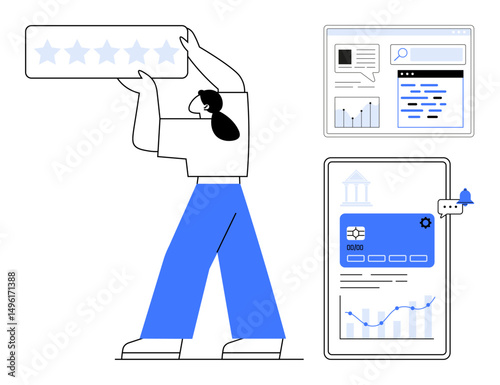User lifts a five-star rating, accompanied by interactive data dashboards, analytics, and online tools. Ideal for customer feedback, user experience, reviews, digital tools, analytics online