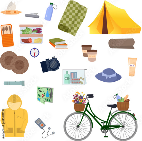 A set of items for a picnic and a hike. Tent, blanket and rug. Bicycle with a basket of food. Jacket, hat and sunglasses. Map of the area, flashlight and compass. Set of pills. Drinking glass and