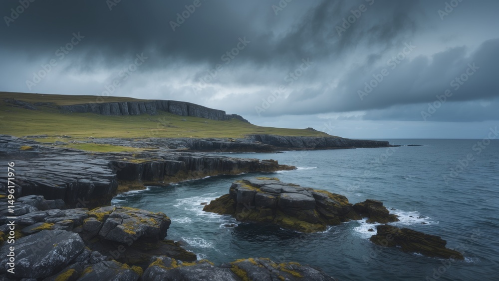 Obraz premium Rocky landscape of an island meeting the sea during summer on a cloudy day