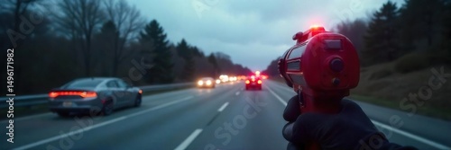 A police radar speed gun pointed down a highway, with blurred cars in the background suggesting fast speeds The image emphasizes the technology used in speed enforcement , speed limit, technology