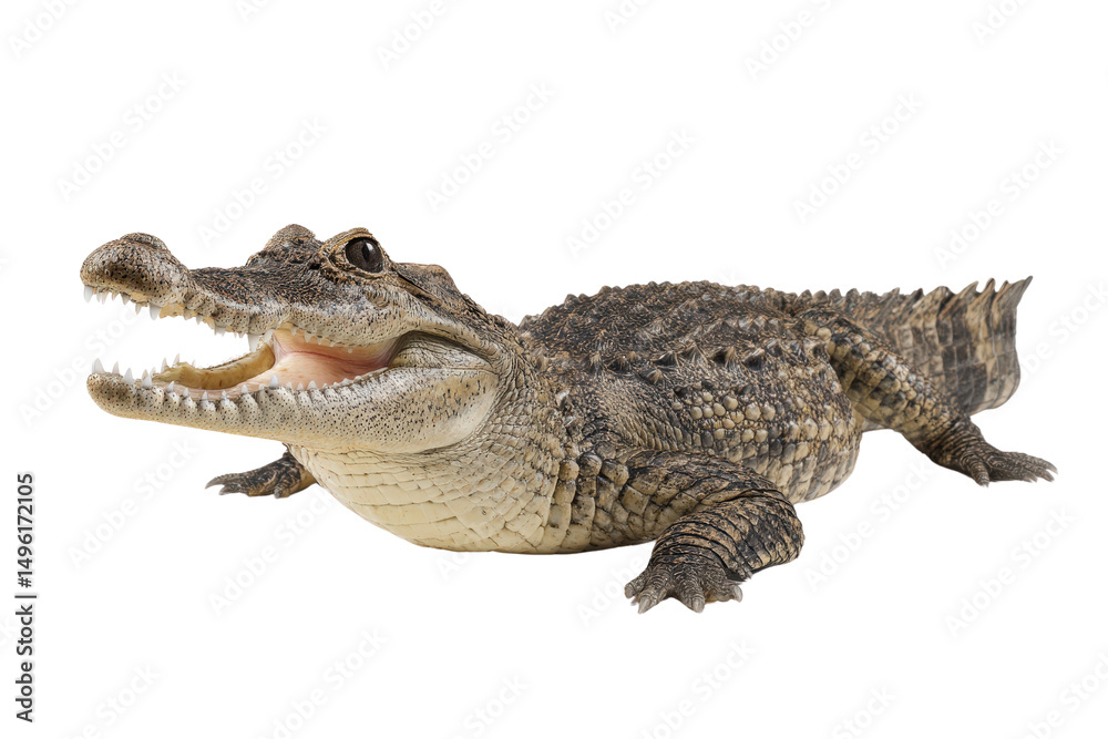 Naklejka premium Isolated Caiman with Open Mouth on Transparent Background Vector, showcasing its powerful jaws and textured skin, perfect for wildlife and reptile illustrations