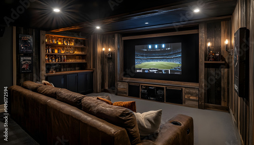 Wallpaper Mural moody home theater interior, dark masculine color palette, modern cozy mancave vibe, sports-inspired details, sectional sofa with low lighting, dry bar with backlit shelves Torontodigital.ca